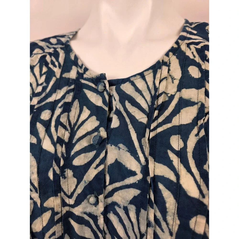 Anokhi Indigo Blue Cotton Block Print Pintuck Tunic Dress S/M Made in India
